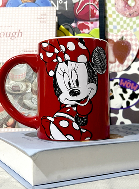 高颜值红色手绘米妮Minnie卡通陶瓷马克杯可爱创意杯子咖啡杯礼物