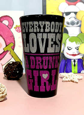 现货 简约小资少女心ins风英文细闪黑色钢化玻璃杯水杯礼物实用