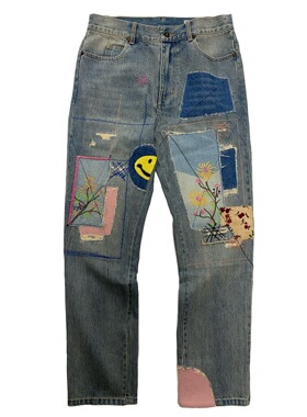 品牌5折 KAPITAL JAPA平田和男春秋款拼接笑脸破洞牛仔长裤休闲潮