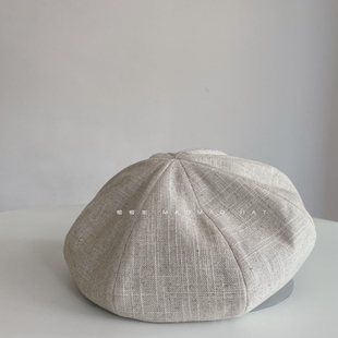 帽帽家 亚麻贝雷帽ca4la松驰感显脸小日系复古画家帽八角云朵帽子