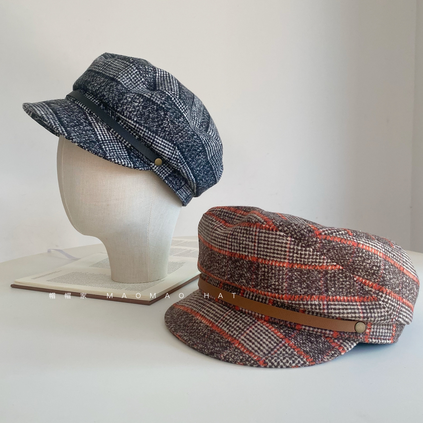 2025定制秋冬日系复古格纹报童帽