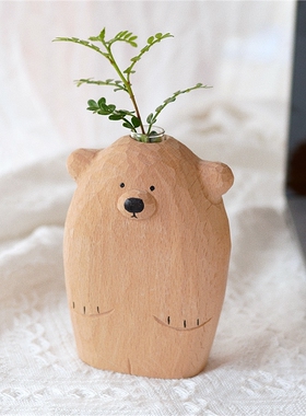 Joe的小作坊\小熊原木可爱治愈花器日系手作家用桌面呆萌创意礼品