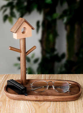 黑胡桃木钥匙收纳盒进门口托盘置物首饰架玄关鞋柜挂口罩实木摆件