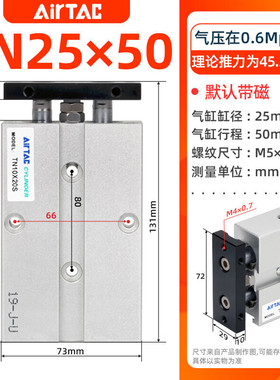 亚德客AirTac双轴气缸TN25X10X20X30X40X50X80X100X125X200S TN25