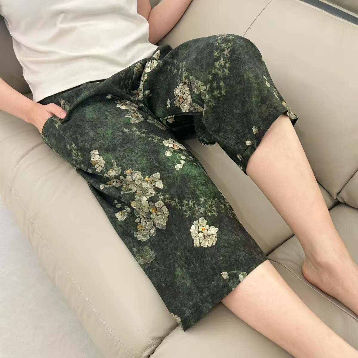 夏季人造棉男女士纯棉绸七分中裤家居裤宽松薄款绵绸哈伦睡裤外穿