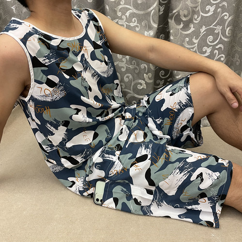 夏季男士棉绸睡衣超薄无袖短裤