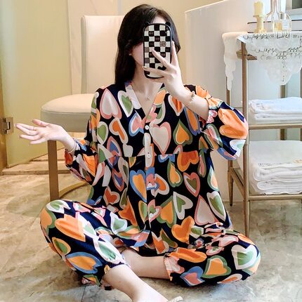 棉绸26年新款睡衣女春夏季V领开衫灯笼袖可外穿家居服绵绸套装