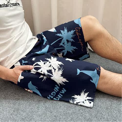 夏季新款男士薄款绵绸裤宽松加大码家居沙滩裤人造棉睡裤休闲短裤