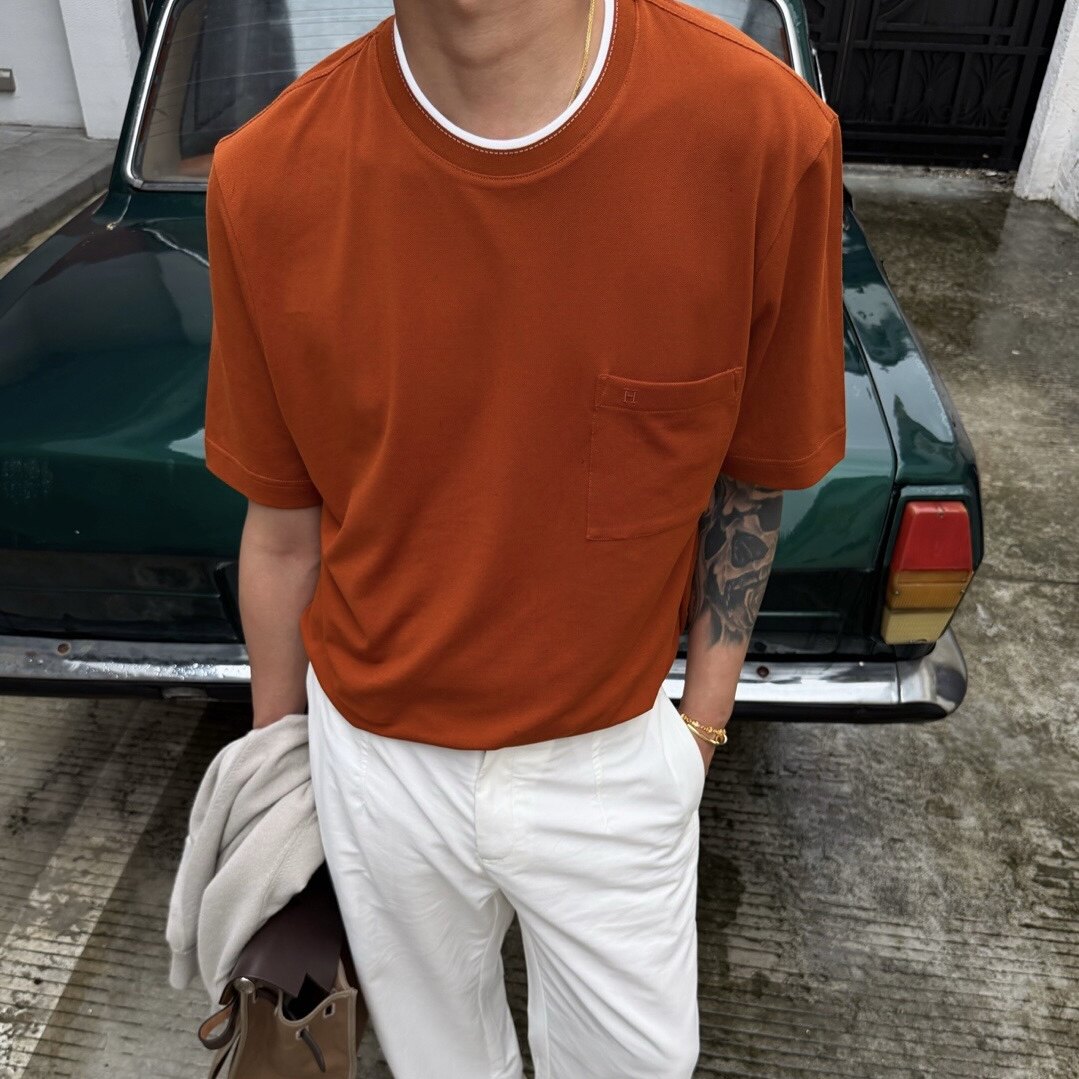 男士长绒棉H刺绣短袖T恤透气