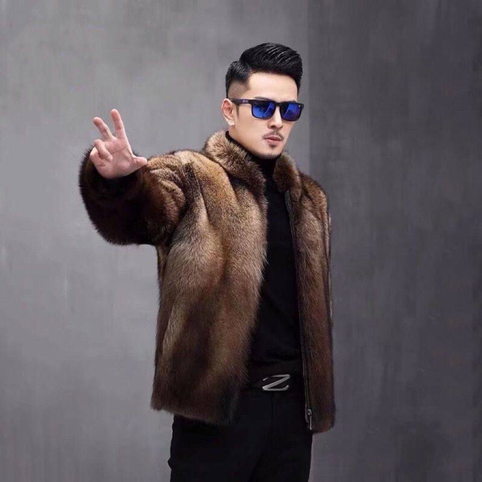 2022北美潮男仿渔貂毛皮草外套时尚宽松短款立领夹克男士貂皮大衣