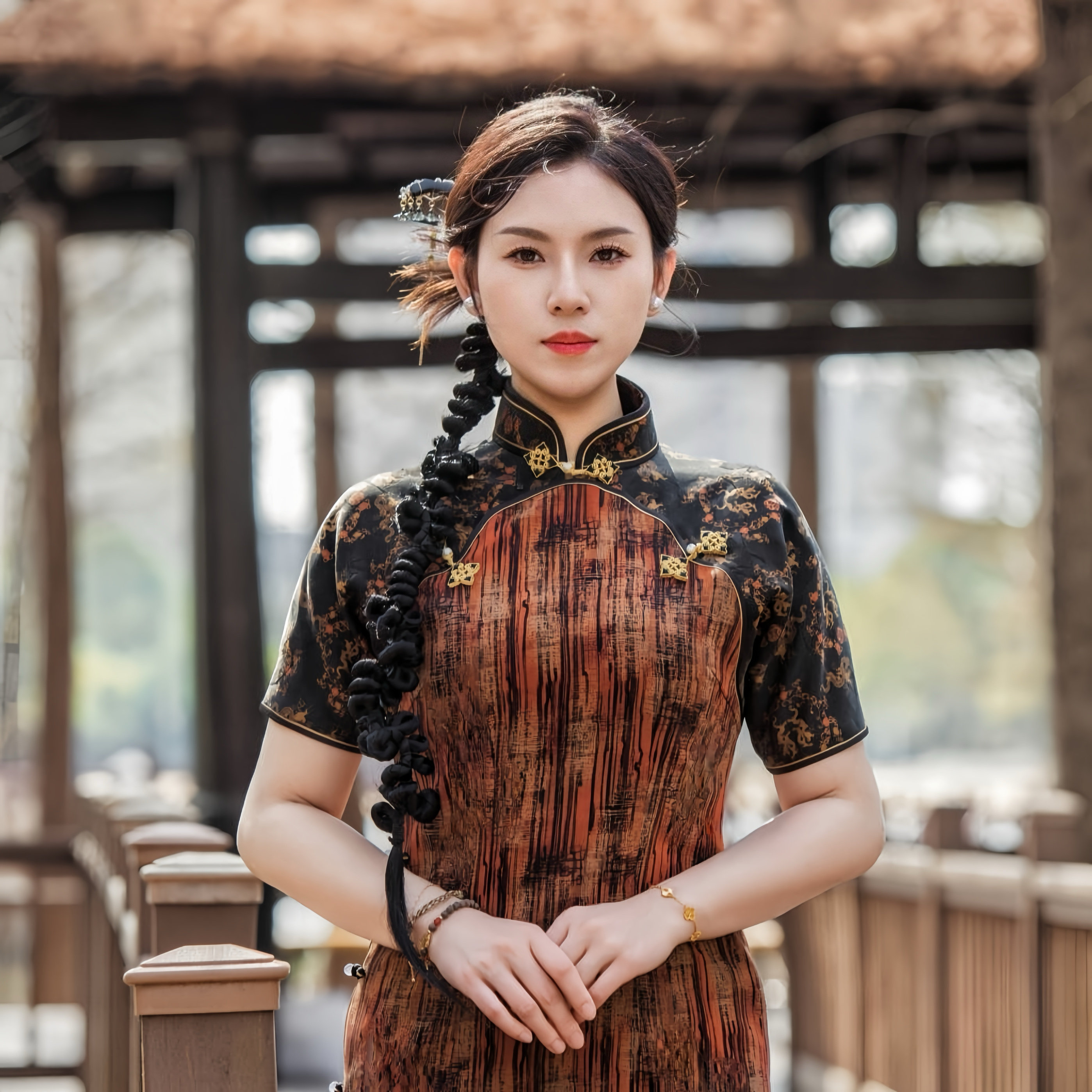 花木深真丝香云纱中国风桑蚕丝旗袍