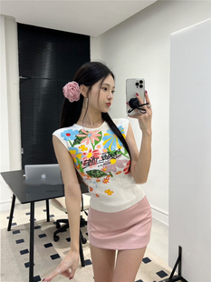 印花纯欲辣妹无袖 2024SS夏季 韩版 女装 针织涂鸦设计感冰丝T恤 新款