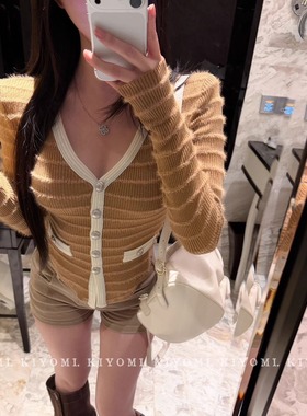 现货~KIYOMI正版韩版纯欲辣妹撞色条纹水貂毛小香风V领针织毛衣