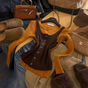 长袖 圆领2025秋冬撞色假两件针织衫 打底内搭显瘦 洋气纯欲时尚 韩版