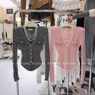 现货 纯欲辣妹V领巴曼羊绒拉毛金属扣垫肩针织毛衣 KIYOMI实拍韩版