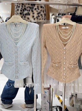 现货~KIYOMI实拍韩版纯欲辣妹小香风V领麻花针织衫长袖毛衣垫肩