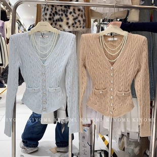 长袖 纯欲辣妹小香风V领麻花针织衫 毛衣垫肩 KIYOMI实拍韩版 现货