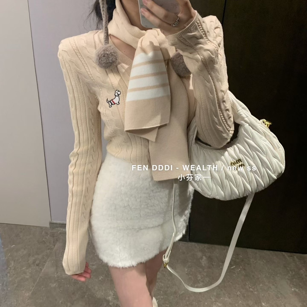 现货~小芬家FEN家秋冬富家千金狗狗麻花V领针织衫毛衣围巾两件套