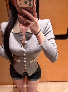 现货~KIYOMI正版韩版纯欲辣妹娃娃领Miu系垫肩撞色针织衫毛衣显瘦