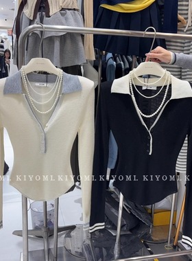 KIYOMI实拍秋冬韩版纯欲甜美辣妹Polo领垫肩显瘦针织衫撞色