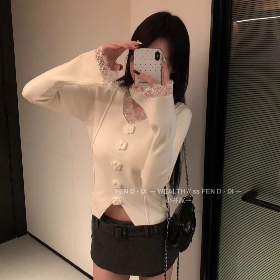 现货~小芬家FEN家秋冬富家千金甜美花朵V领针织衫蕾丝拼接围脖