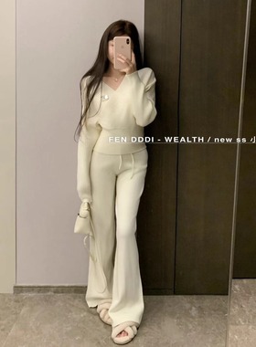 现货~小芬家FEN家秋冬富家千金露思感老钱风V领羊绒高货毛衣套装