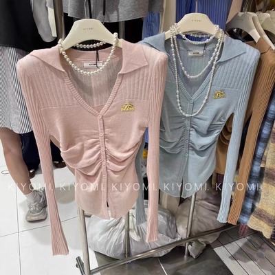 褶皱收腰毛针织衫显瘦翻领V领