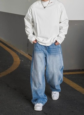 SEVENMF复古猫须重磅水洗做旧Baggy牛仔裤男宽松阔腿拖地裤磨破蓝