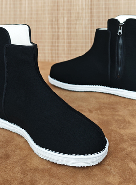 新款老北京棉鞋男冬季保暖官靴拉锁手工千层底北毛礼服呢纯羊毛毡