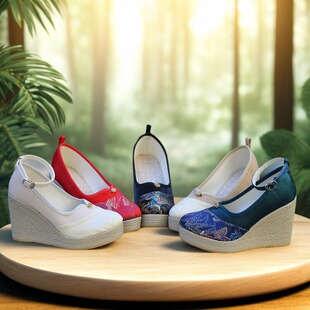 汉服旗袍绣花鞋 民族风浅口圆头超高跟坡跟休闲单鞋 新款 2025春季