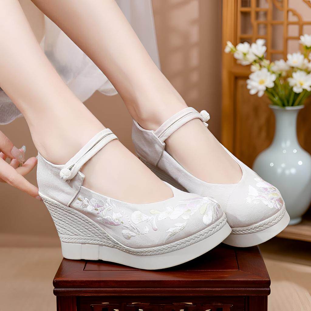 老北京布鞋古装民族风单鞋古风鞋子汉服绣花鞋国风白色女款坡跟鞋