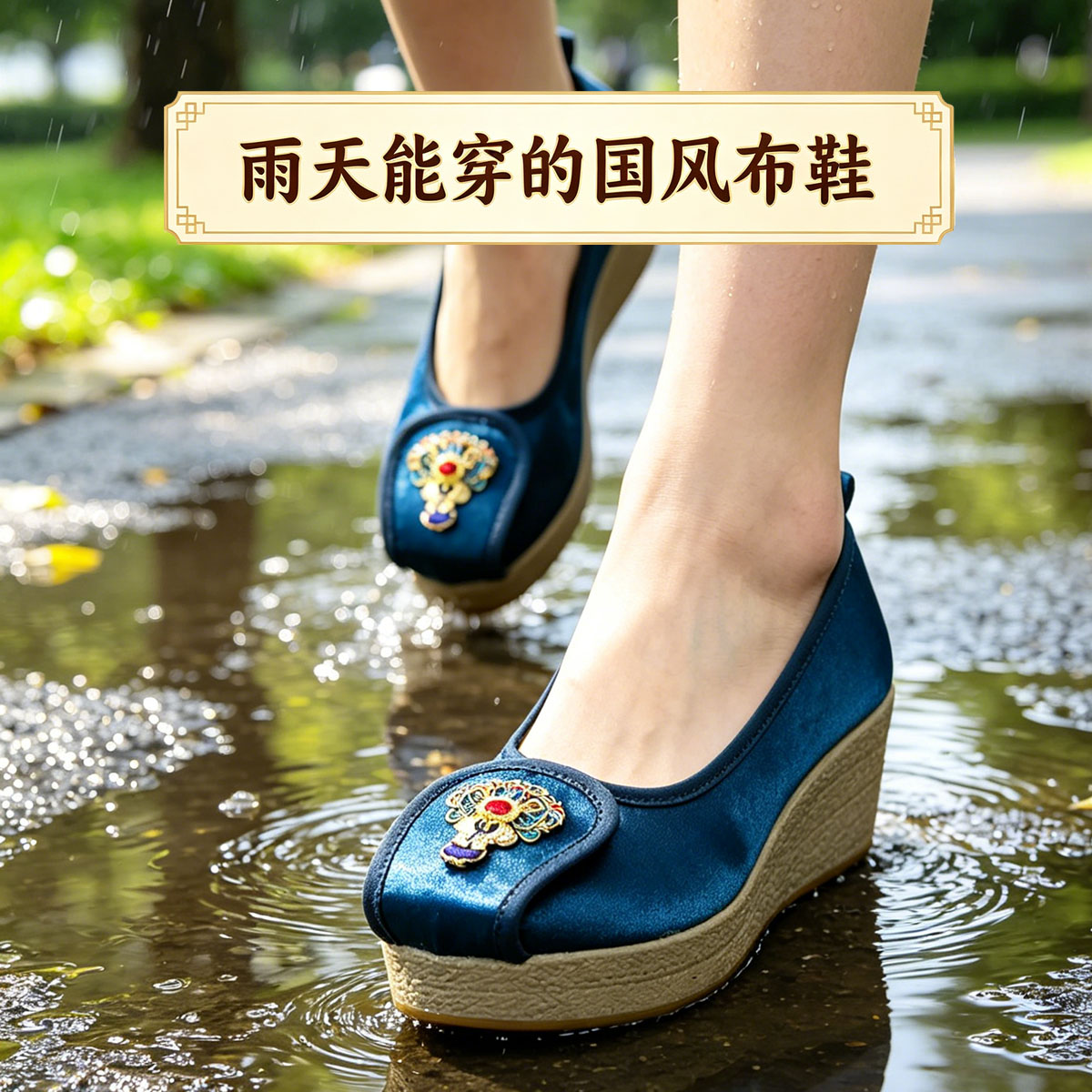 复古圆头汉服鞋子女秋季旗袍新中式一脚蹬厚底增高刺绣老北京布鞋