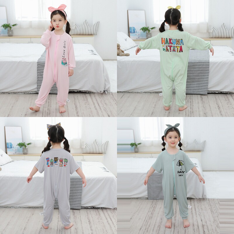 CHILDRENS ONE-PIECE PAJAMAS SUMMER ZIPPER MODAL THIN SHORT-SLEEVED BABY BIG BOY BOY GIRL ONE-PIECE AIR-CONDITIONING SUIT