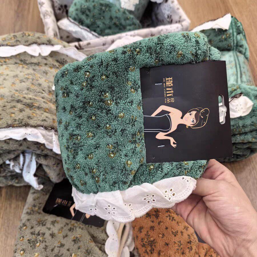 【瑾木良品】新款蕾丝大田园碎花浴帽擦头发干发帽珊瑚绒毛巾浴巾