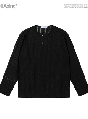 CELL AGING 纽扣调节领 棉麻松弛长袖T恤