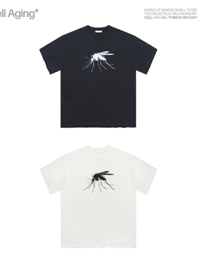 CELL AGING 夏季轻薄水洗卷边短宽版型 蚊子印花短袖休闲T恤