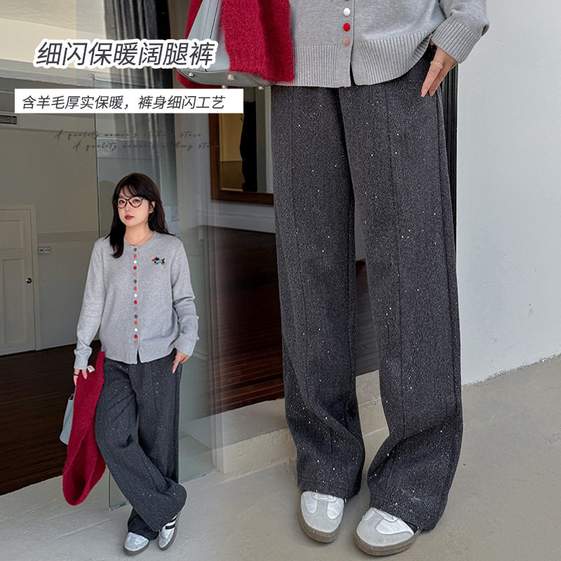 大码女装重工细闪休闲裤2025冬季新款保暖高腰阔腿裤松紧腰长裤,女装/女士精品,大码裤装,淘宝优惠券,粉丝福利购,淘宝优惠卷