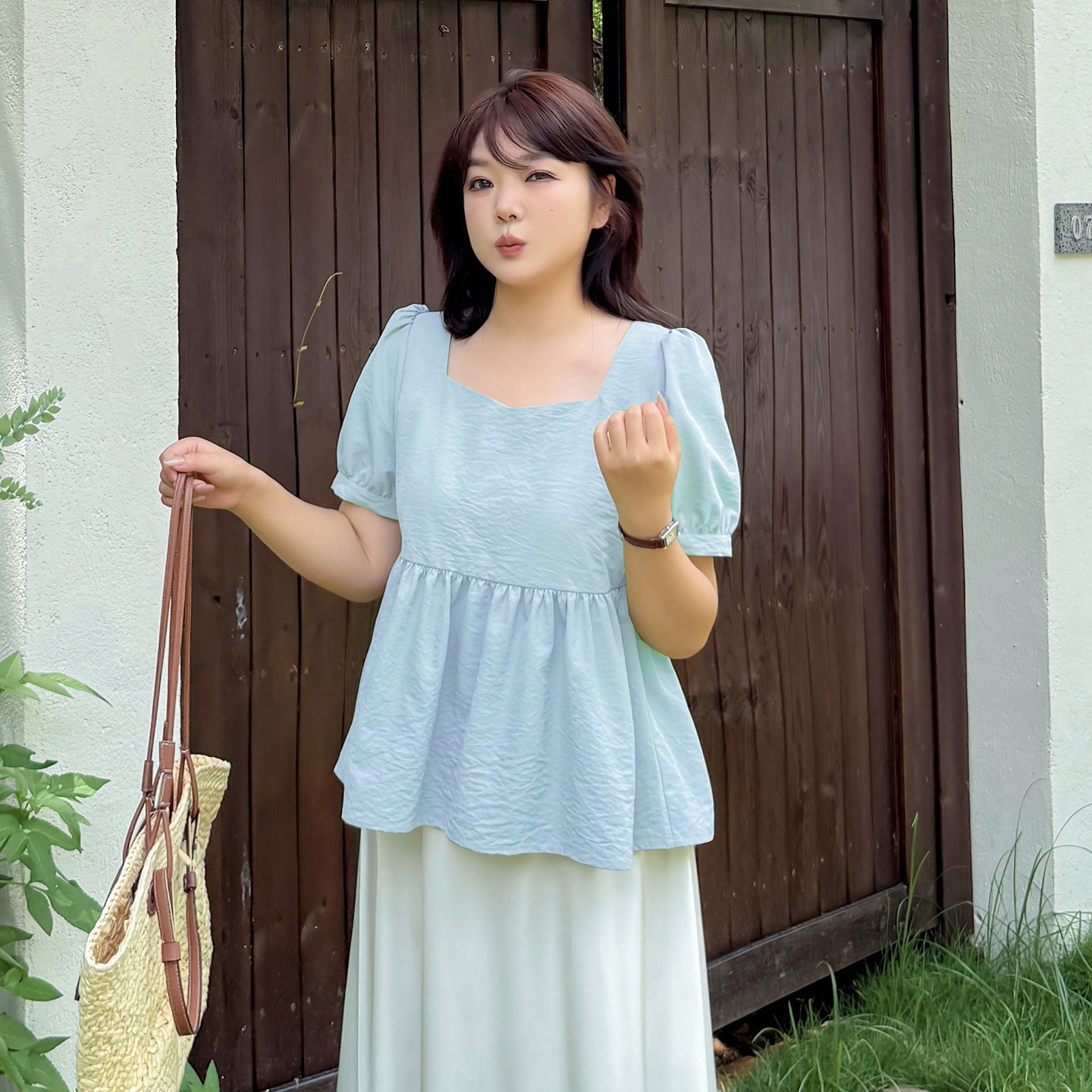 大码女装法式方领短袖衬衫