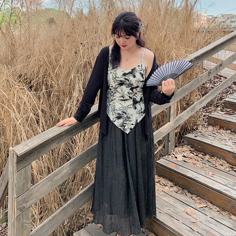 春季新品大码女装200斤胖mm设计感国风三件套装中式吊带开衫半裙,女装/女士精品,时尚套装,淘宝优惠券,粉丝福利购,淘宝优惠卷