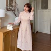 旗袍裙 刺绣蕾丝连衣裙女2025秋冬新品 新中式 显瘦立领长袖 胖mm大码