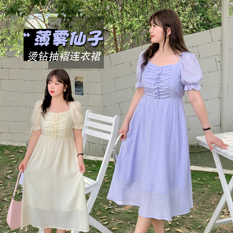大码温柔风方领法式仙女连衣裙