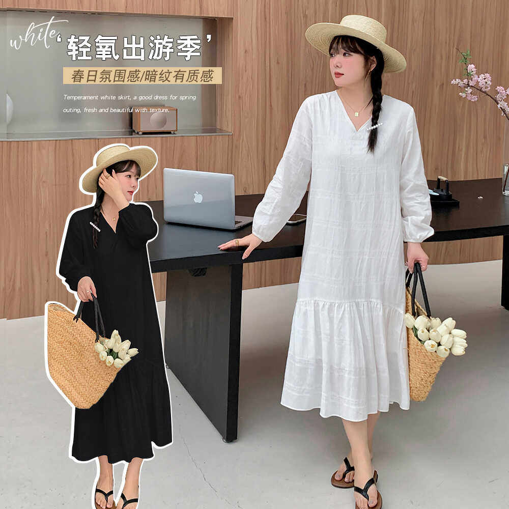 秋季新品大码女装200斤胖mm设计感V领鱼尾过膝长款连衣裙小白裙,女装/女士精品,连衣裙,淘宝优惠券,粉丝福利购,淘宝优惠卷