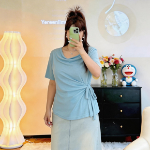 小众绑带收腰显瘦大码 T恤202春夏新款 上衣 设计感荡领短袖 胖mm法式