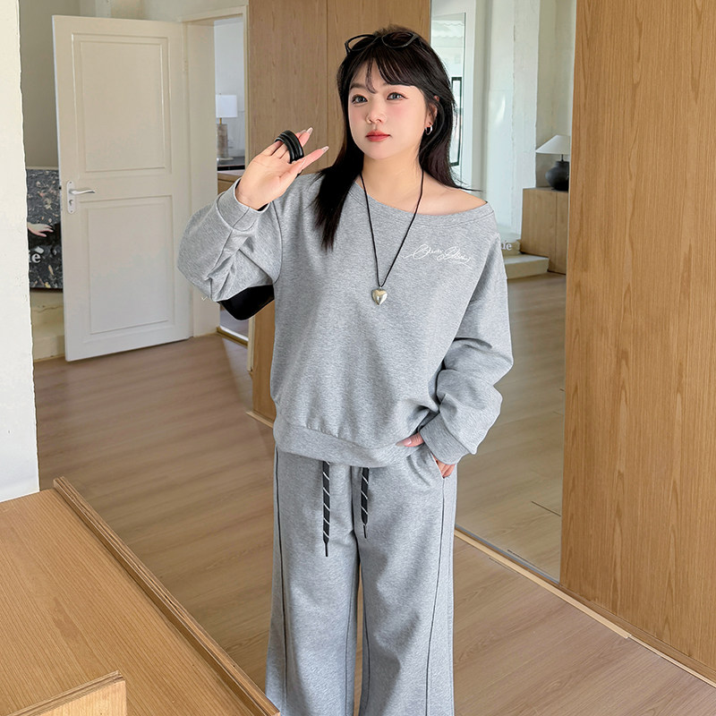 200斤大码女装时尚套装2025春季新品斜肩长袖卫衣直筒裤两件套女,女装/女士精品,大码套装,淘宝优惠券,粉丝福利购,淘宝优惠卷