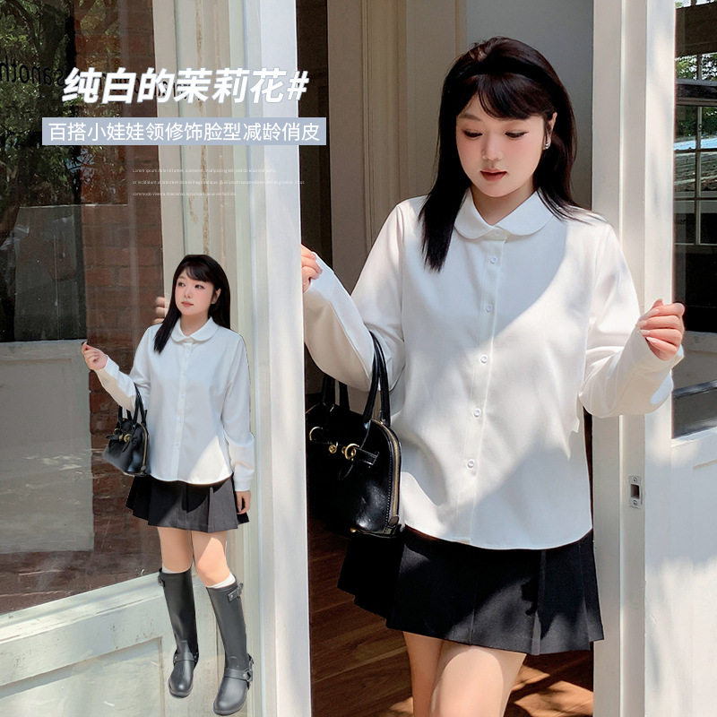 大码女装减龄娃娃领衬衣2024秋冬韩版百搭显瘦遮肉长袖内搭上衣女,女装/女士精品,大码内搭,淘宝优惠券,粉丝福利购,淘宝优惠卷