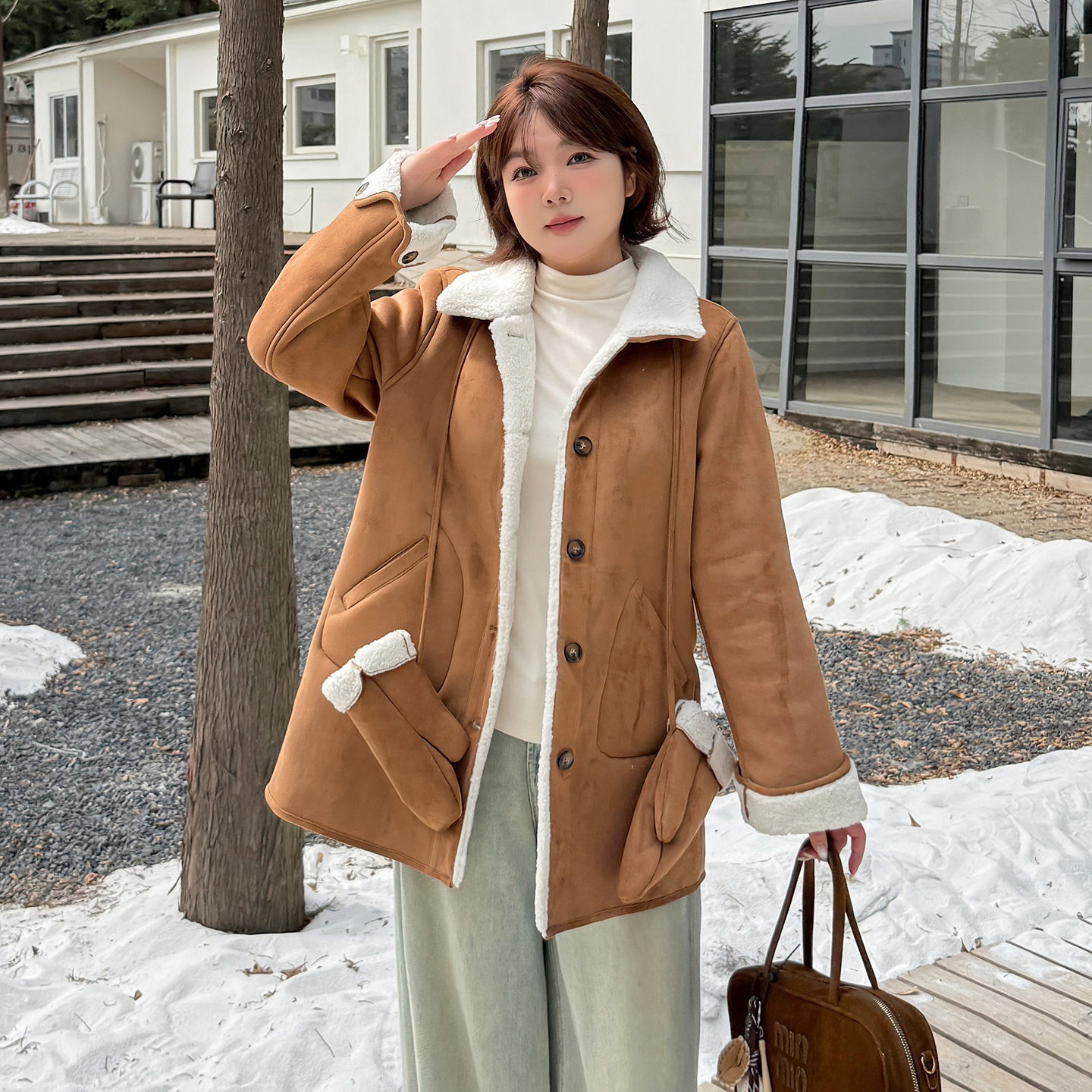 大码女装皮毛一体麂皮绒外套