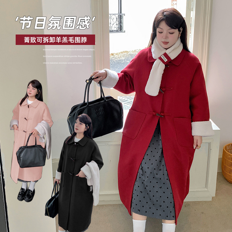 大码女装围脖牛角扣夹棉保暖毛呢大衣2024冬季新款中长款韩版外套