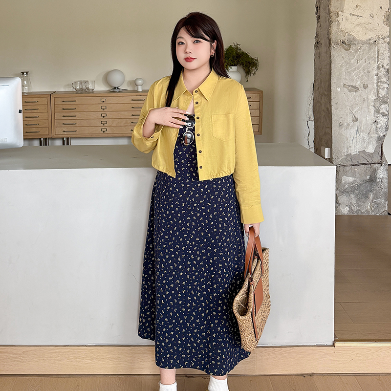 大码翻领短外套吊带裙两件套