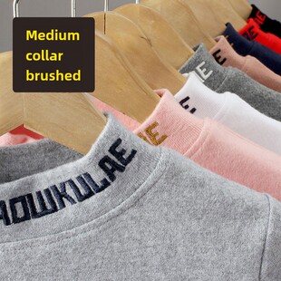 儿童秋冬中领打底衫男童磨毛加厚秋衣中大童女纯棉半高领T恤黑色