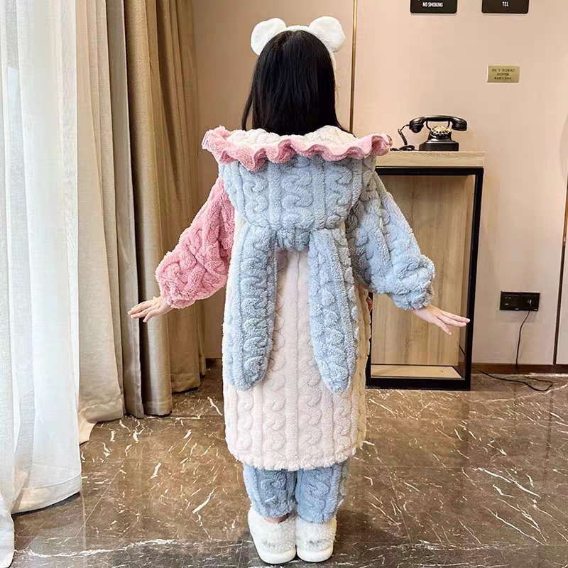 女童睡衣冬款珊瑚绒加绒儿童睡袍秋冬套装法兰绒卡通连帽家居服